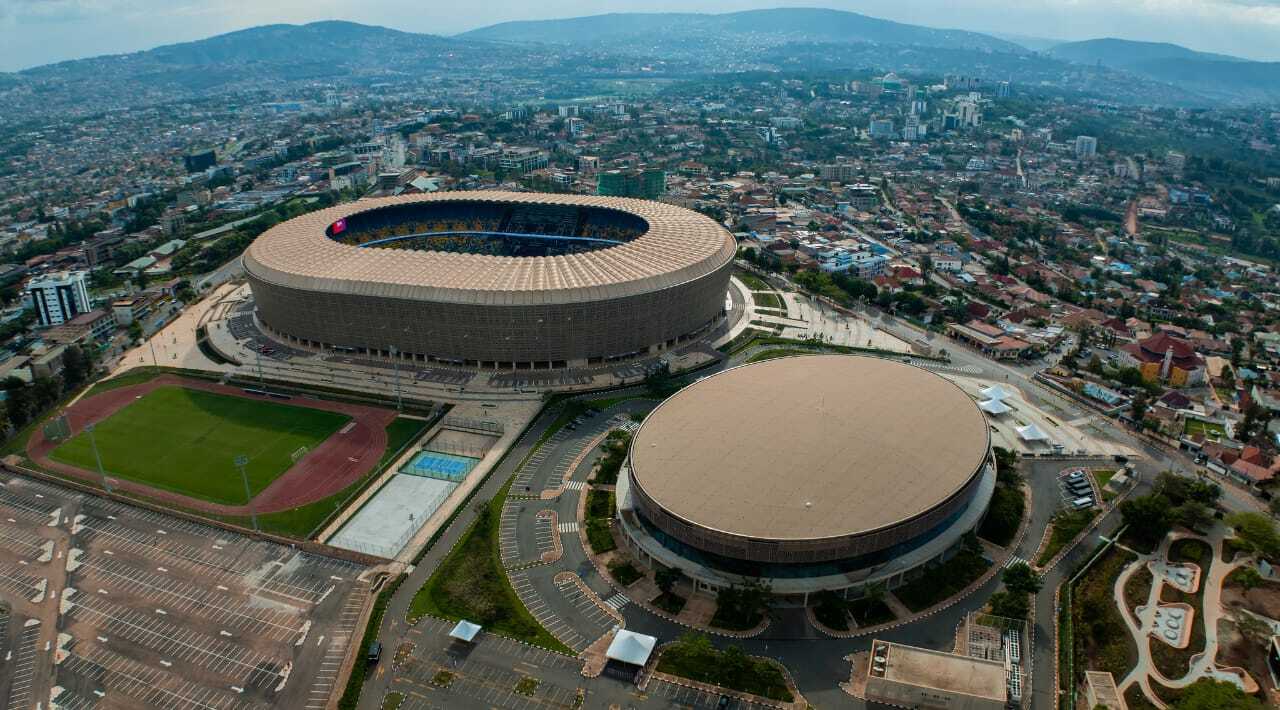Aerial view of Amahoro Stadium and BK Arena in Kigali, Rwanda