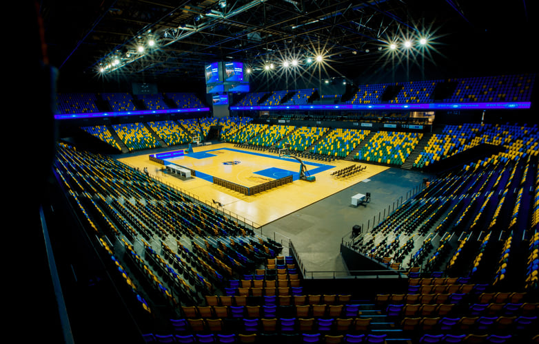 Inside BK Arena, Kigali, set up for a basketball game