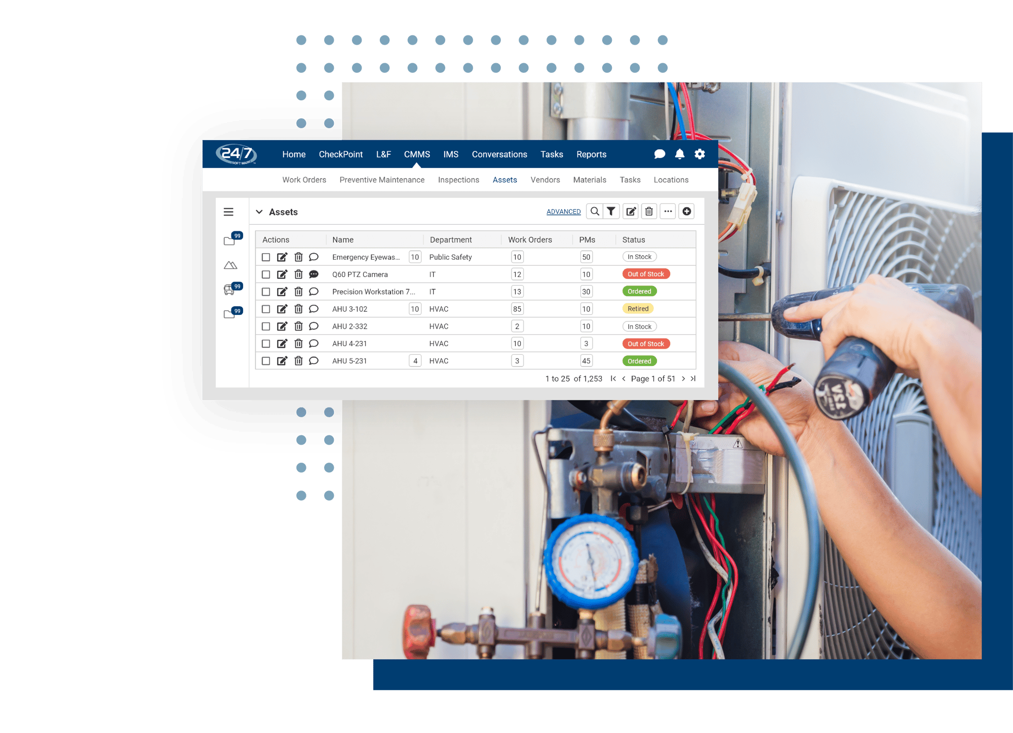 Worker drilling on electrical wiring and CMMS software dashboard in foreground