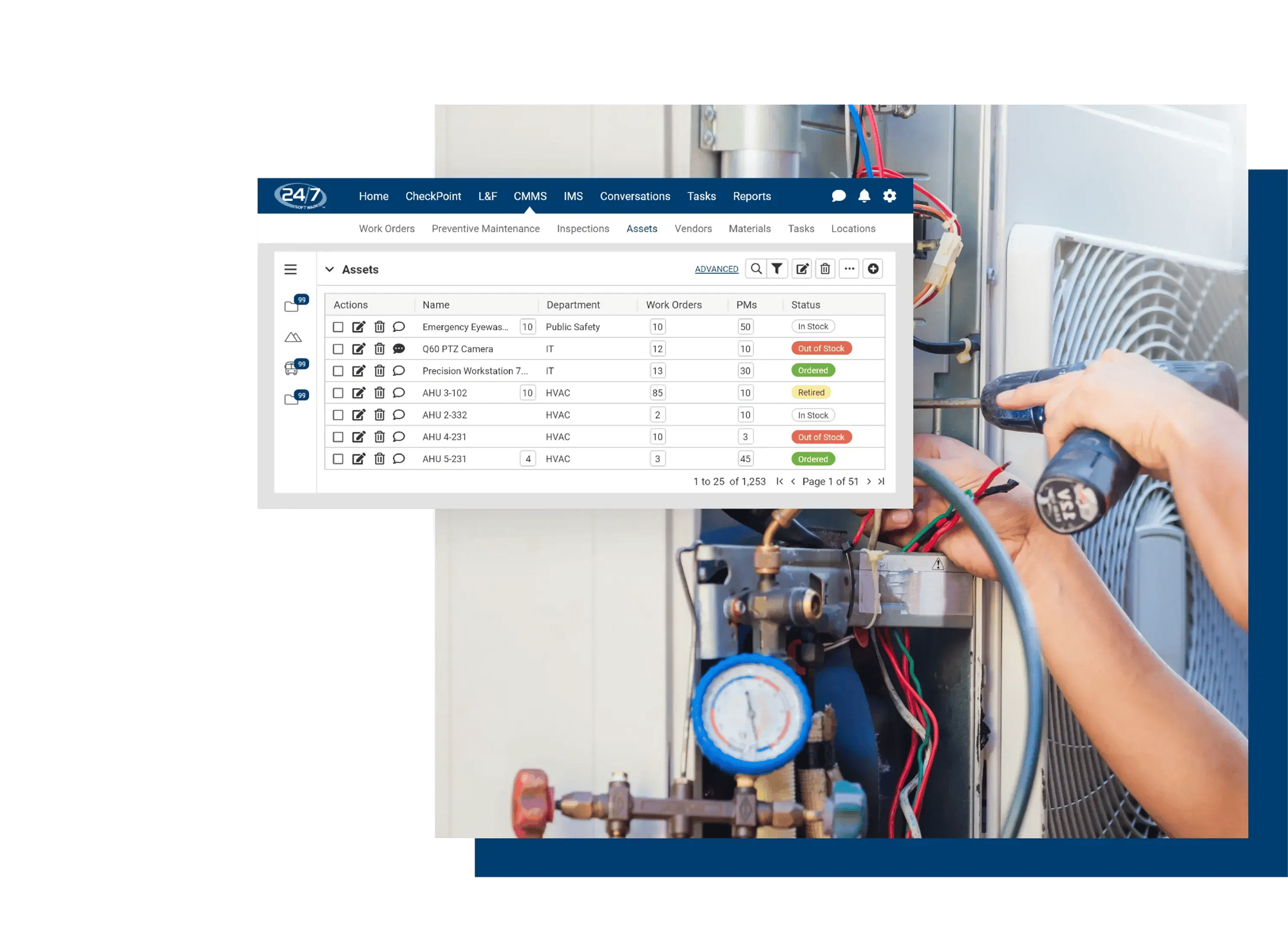 Comprehensive asset tracking screenshots and a man working on cables.
