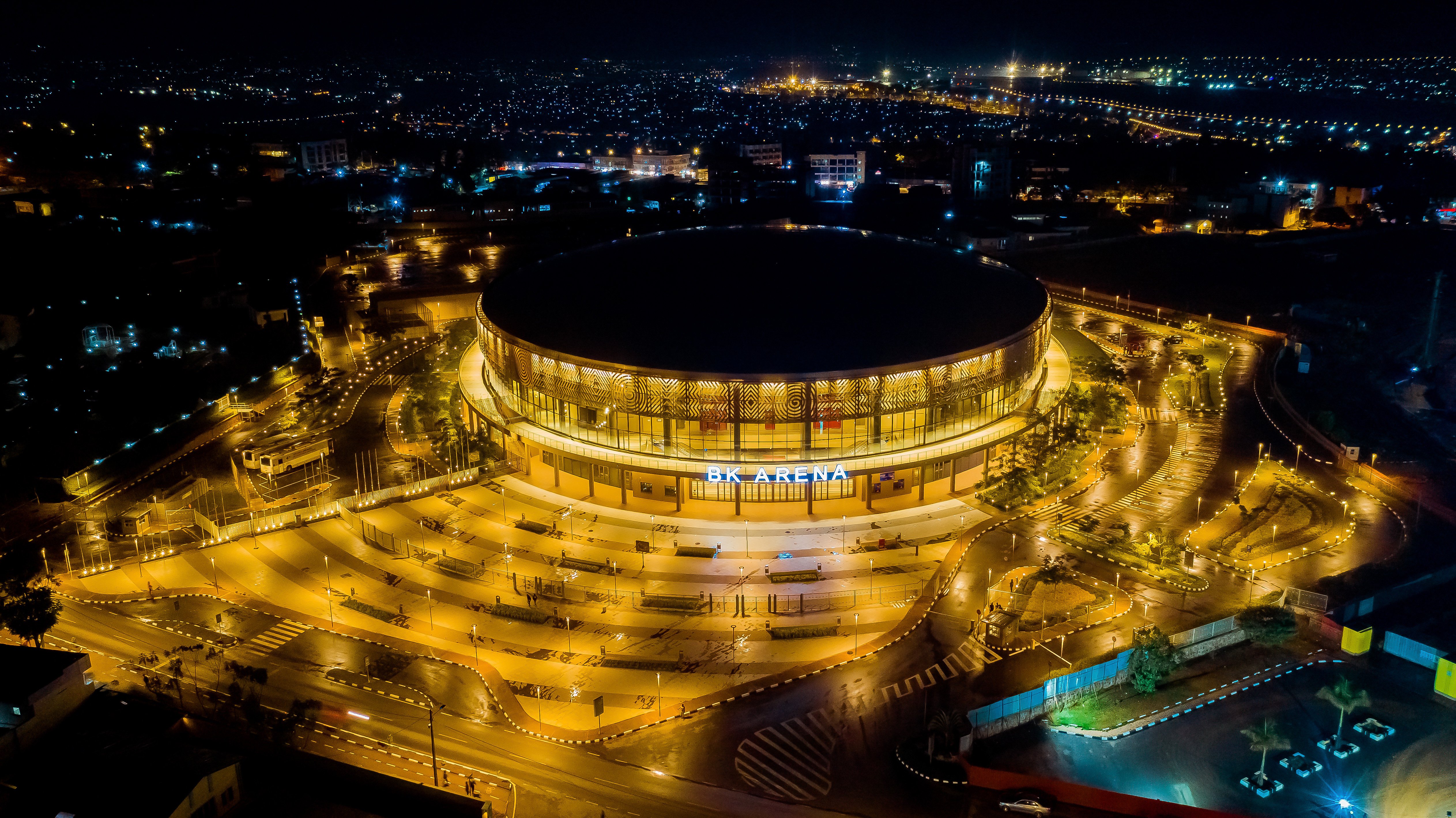 BK Arena in Kigali, Rwanda, illuminated at night