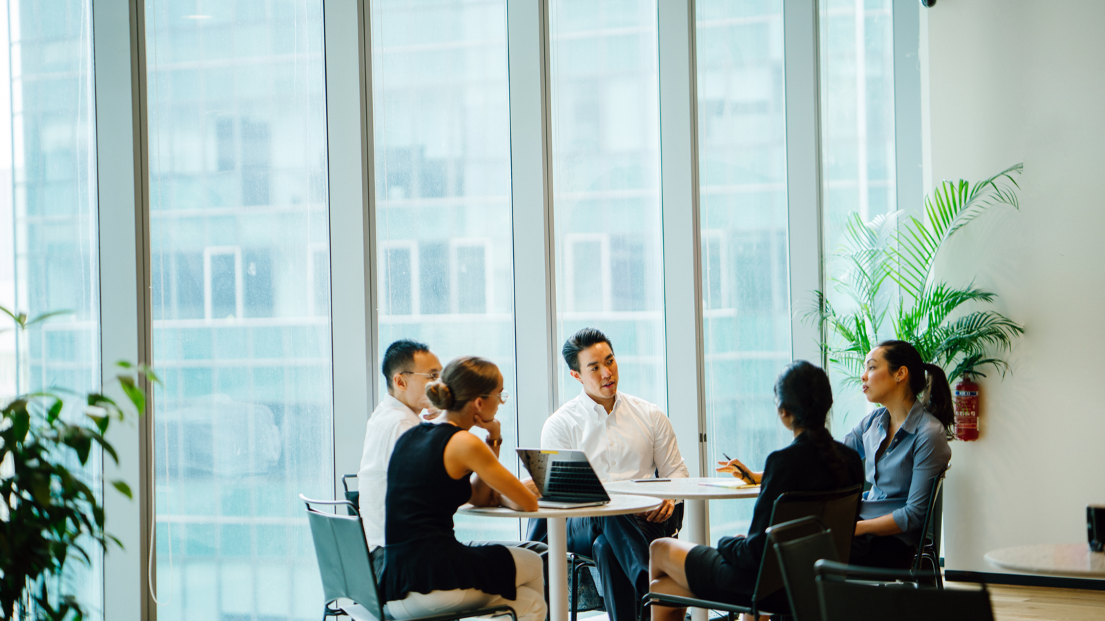 A diverse team sit around a table in a meeting room to have a business meeting to discuss plans feature