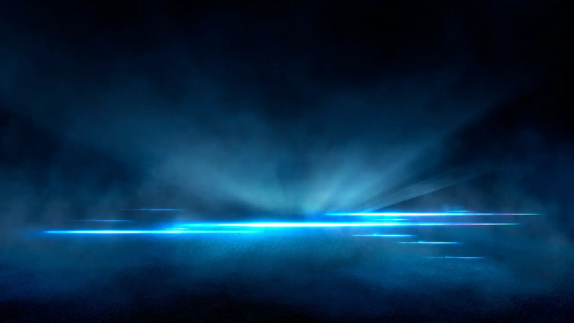 Ethereal blue light beams pierce through the mist on a dark background, creating a sci-fi atmosphere