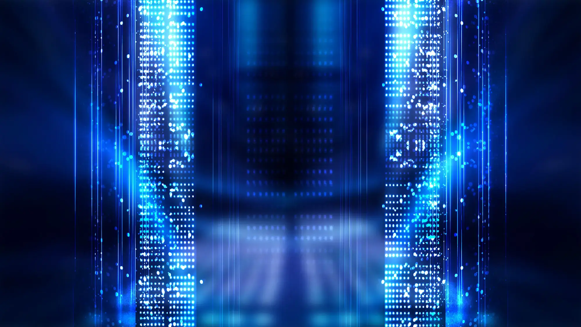 A futuristic digital background featuring vertical columns of glowing blue and white dots, resembling abstract data streams in a dark space