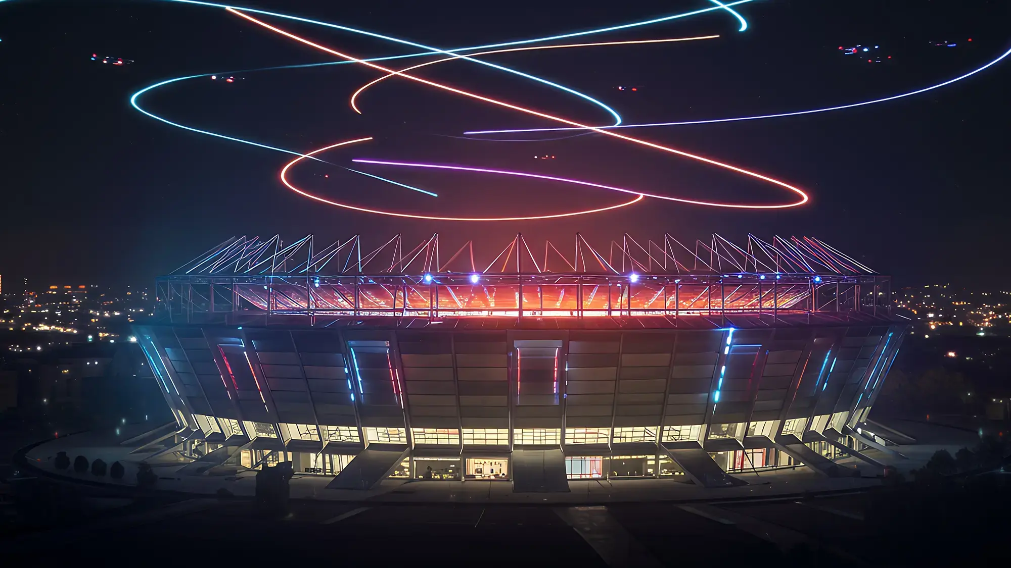 A stadium illuminated at night with swirling multicolored lights overhead, likely drones