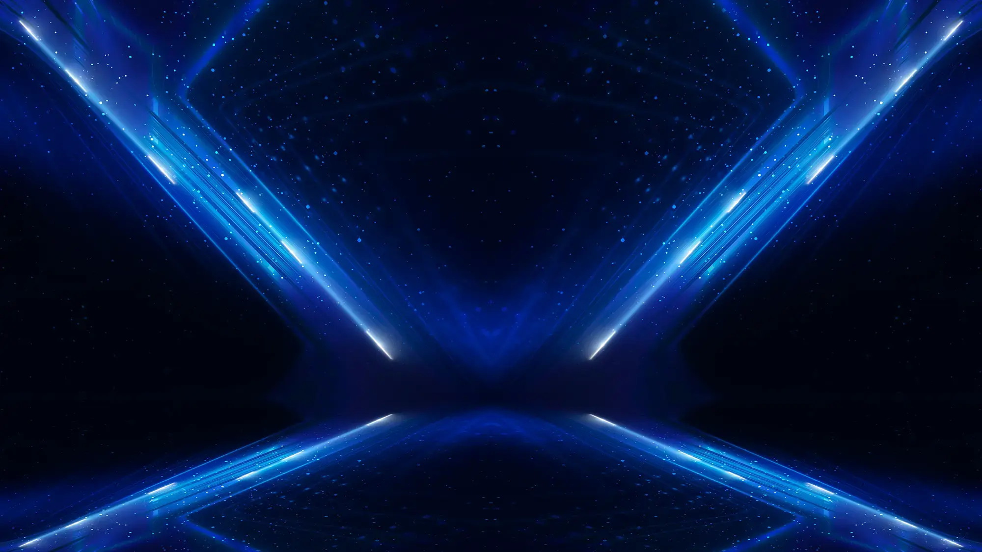 Abstract digital art with blue neon lights forming an X shape against a dark, starry background