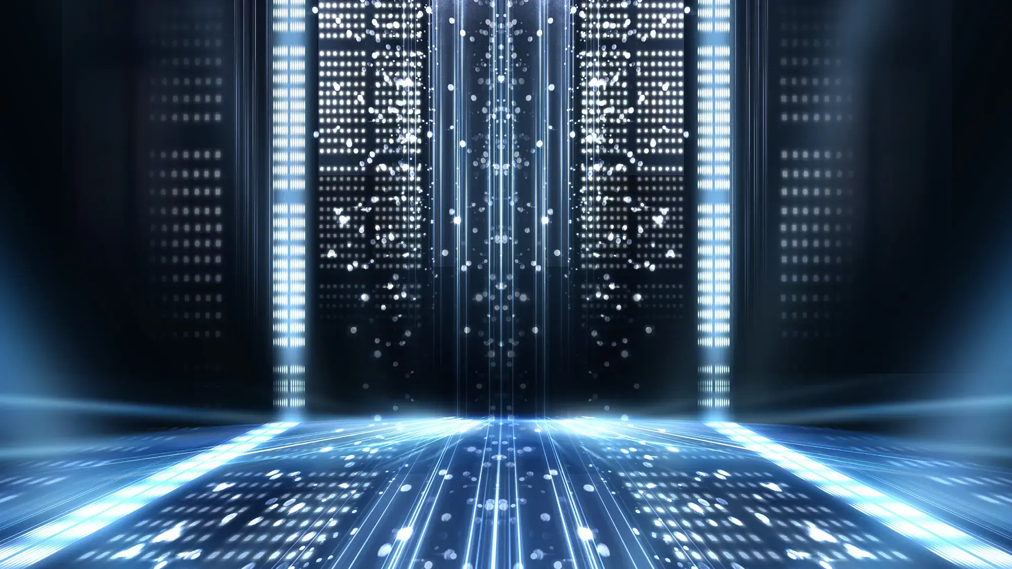 Futuristic digital scene with glowing blue light beams and grids