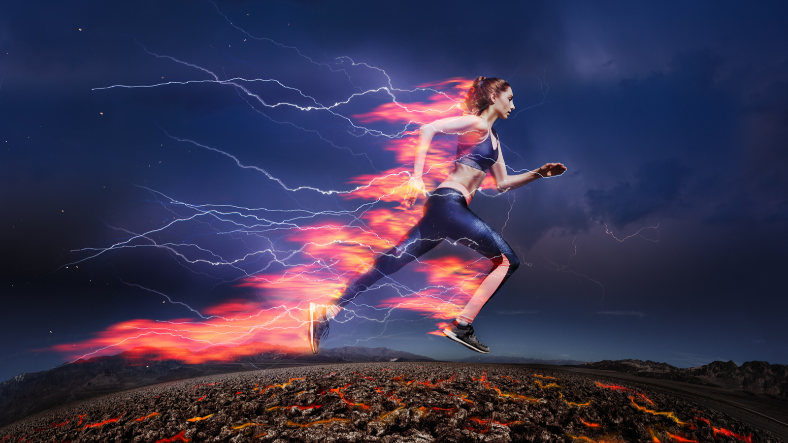 Woman running fast against stormy sky with flash