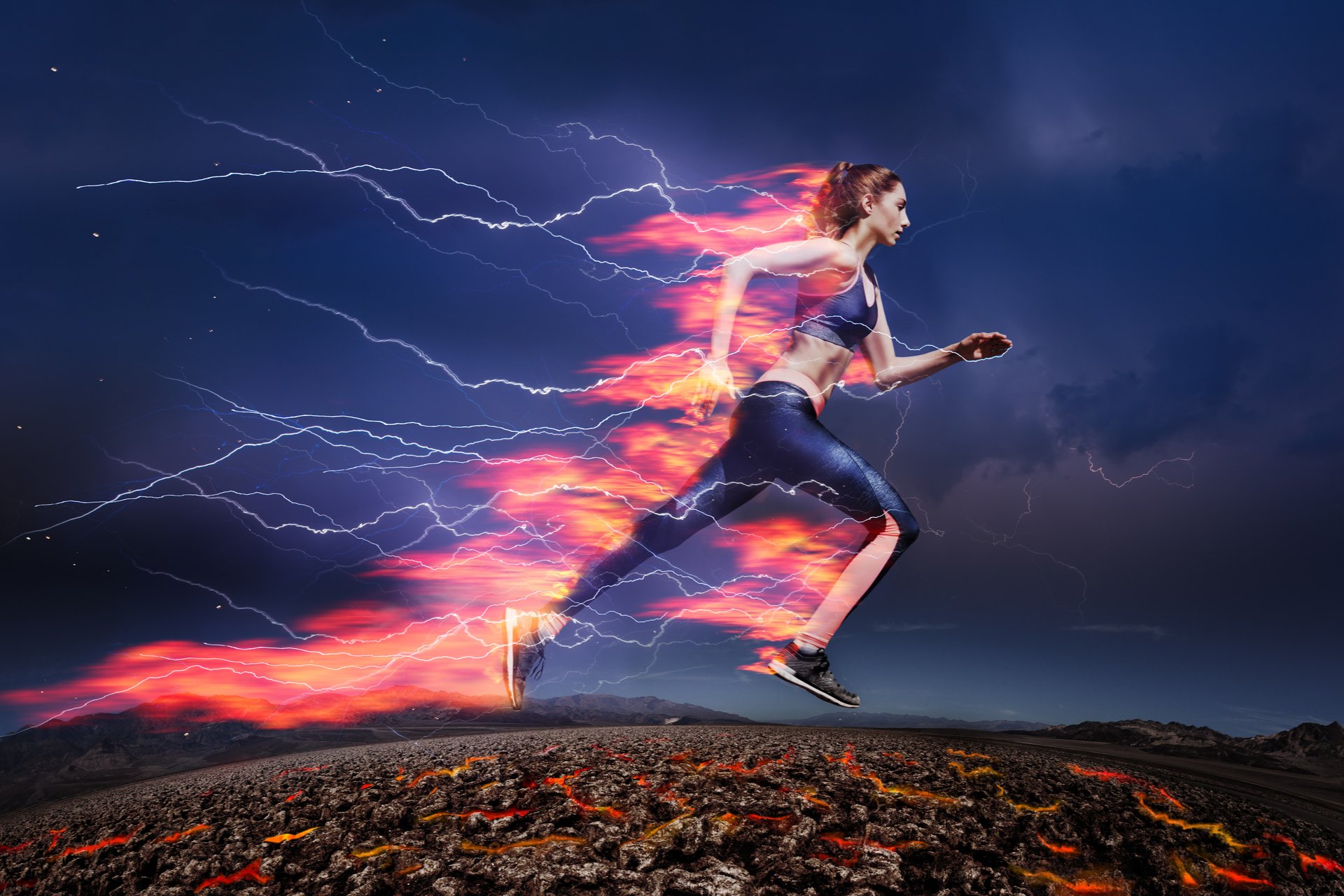 Woman running fast against stormy sky with flash