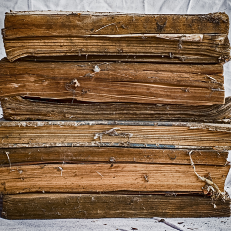 Old books stacked on dirty white cloth